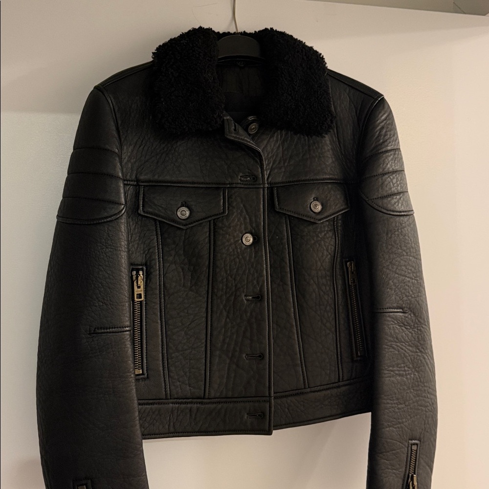 Coach Black Leather Bomber Jacket with Shearling Collar